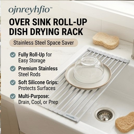 ojnreyhfio™ Over Sink Roll-Up Dish Drying Rack – Stainless Steel Space Saver